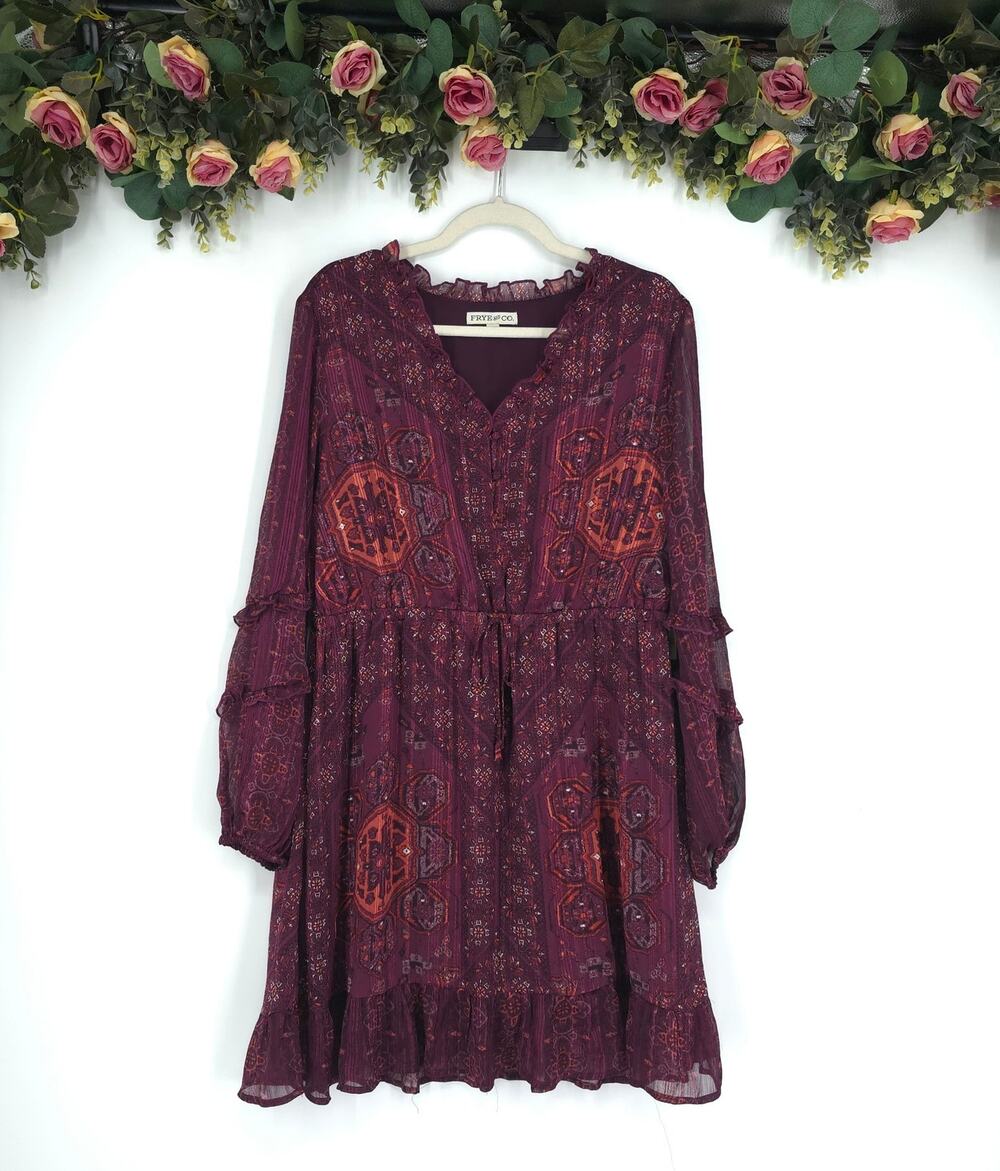 Frye and Co. Royal Plum Boho Long Sleeve Plus Size Dress Size XL NWT